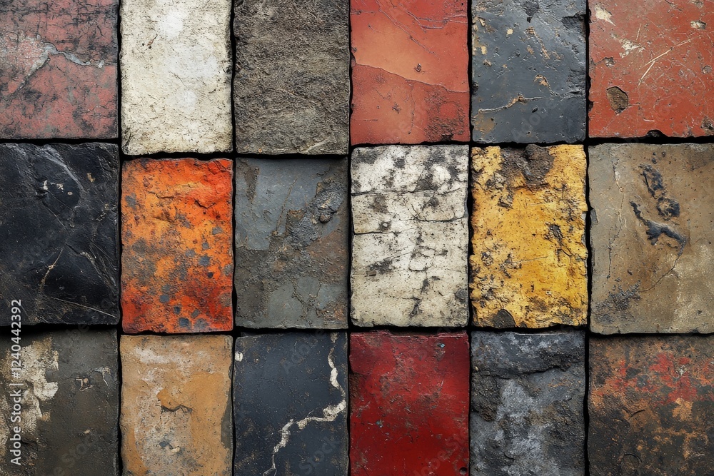 Poster detailed textures of weathered tiles arranged in an artistic pattern on a flat surface in a creative