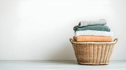Obraz premium Stacked Towels in a Woven Basket Against a Subtle Background