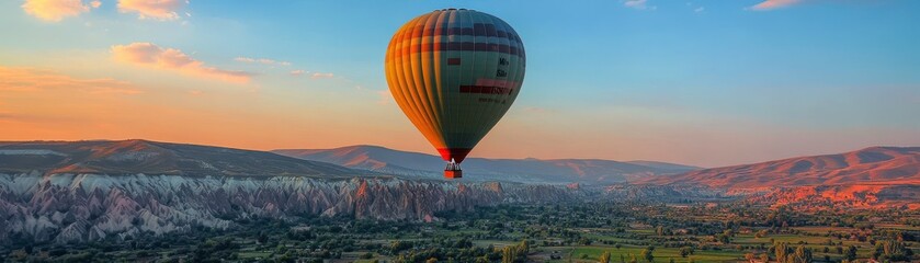Fototapeta premium A vibrant hot air balloon floats above a scenic landscape at sunset, showcasing beautiful colors and panoramic views.