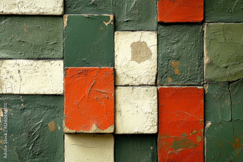 Aufkleber Colorful wall tiles with a distressed texture creating an abstract pattern in a warm urban setting
