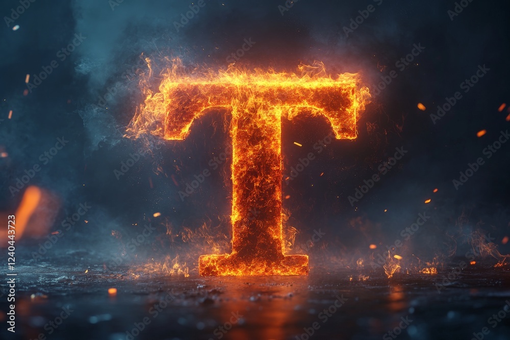 Aufkleber Flaming letter T illuminated in dark environment with sparks and smoke during high contrast visual display