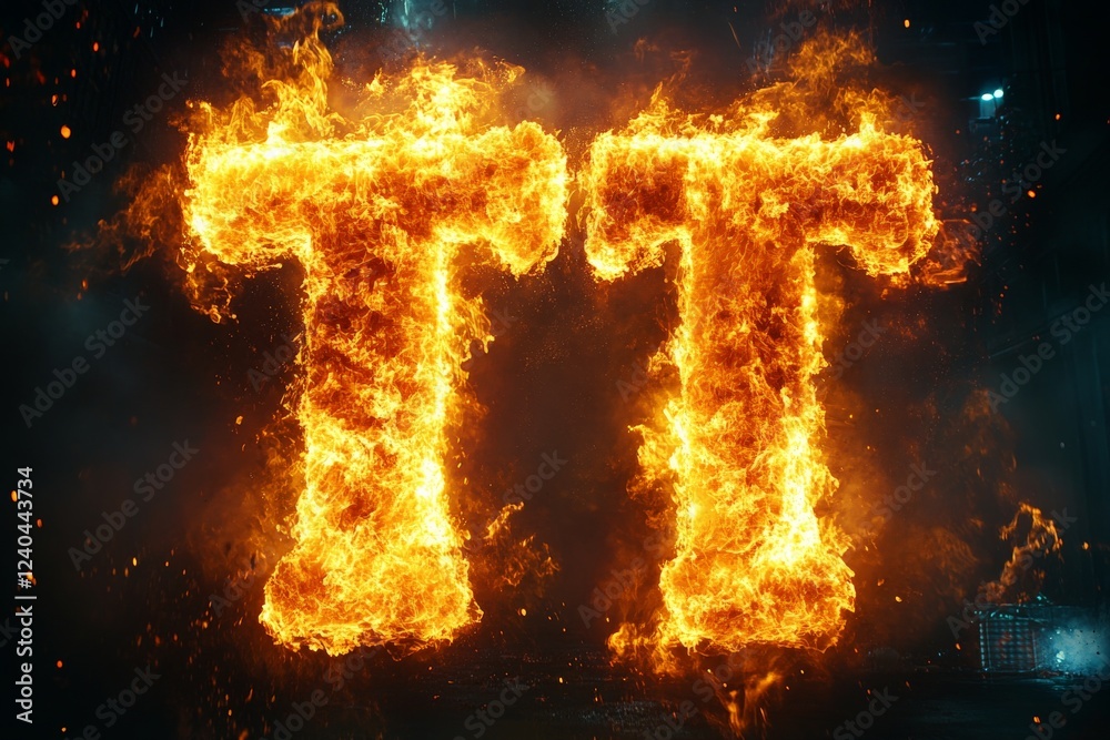Poster flames form bold letters illuminating a dark urban background during a nighttime event
