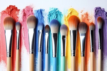 Fototapeta premium Vibrant collection of artistic makeup brushes arranged over colorful paint strokes on a bright surface