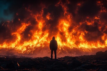Fototapeta premium Spectacular volcanic eruption creates fiery landscape at dusk with silhouette of a person in foreground
