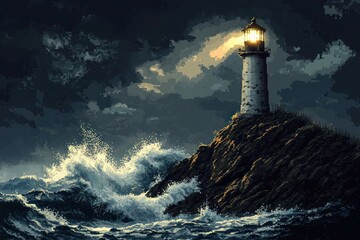 A stormy sea with towering waves crashing against a lone pixelated lighthouse perched on a rocky cliff, its light shining brightly through the dark sky.