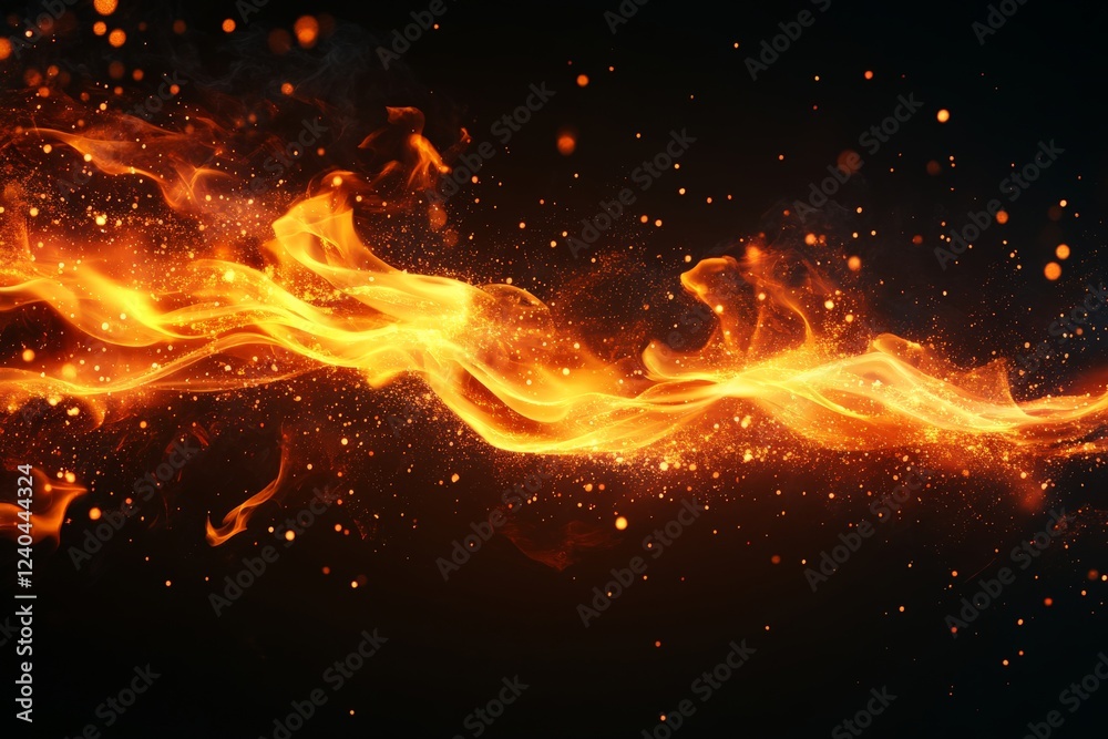 Poster Dynamic flames illuminate dark background with sparks creating a captivating visual effect
