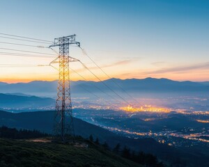 Obraz premium A power line tower stands against a twilight sky, overlooking a city illuminated by lights in the valley below.
