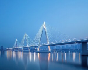 Obraz premium A stunning view of a modern bridge illuminated at dusk, reflecting beautifully on the calm water beneath.