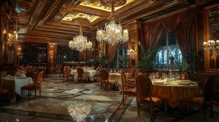 Fototapeta premium An upscale restaurant with elegant chandeliers, fine dining tables, and luxurious decor.