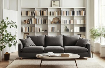 Grey sofa in bright living room, bookshelves background, home decor