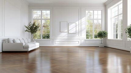 Spacious interior with a polished wooden floor and elegant walls, illuminated by natural light coming through large windows