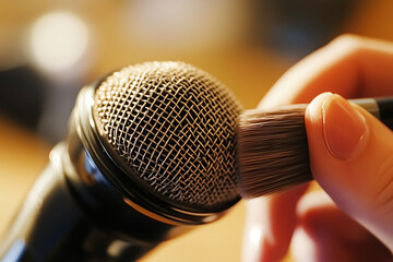 ASMR close-up: a hand with a brush gently touching a metallic microphone for relaxation