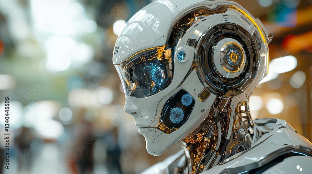 Poster a sleek white robot stands in a bustling city environment, showcasing advanced technology and intric