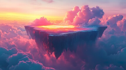 A floating abstract landscape with glowing cliffs and vivid, gradient-filled clouds
