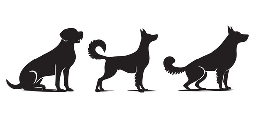 Three Diverse Dog Breeds Black Silhouette Illustrations