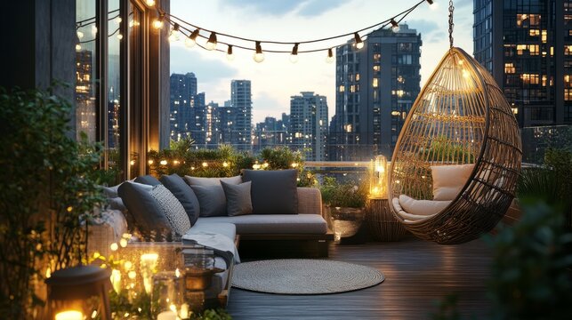 Urban rooftop escape at dusk, featuring a cozy outdoor sofa, a wicker hanging chair, and elegant string lighting