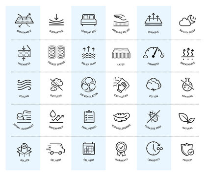 Mattress for sleeping icon set. The outline icons are well scalable and editable. Contrasting elements are good for different backgrounds. EPS10.	