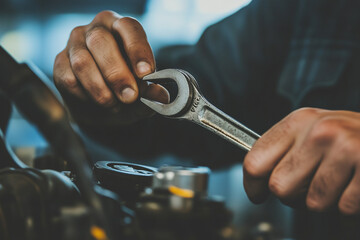 Fototapeta premium Mechanic using wrench to repair engine