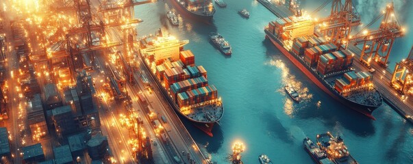 Obraz premium A bustling port scene at twilight, filled with illuminated cargo ships and towering cranes, reflecting the vibrancy of maritime trade.
