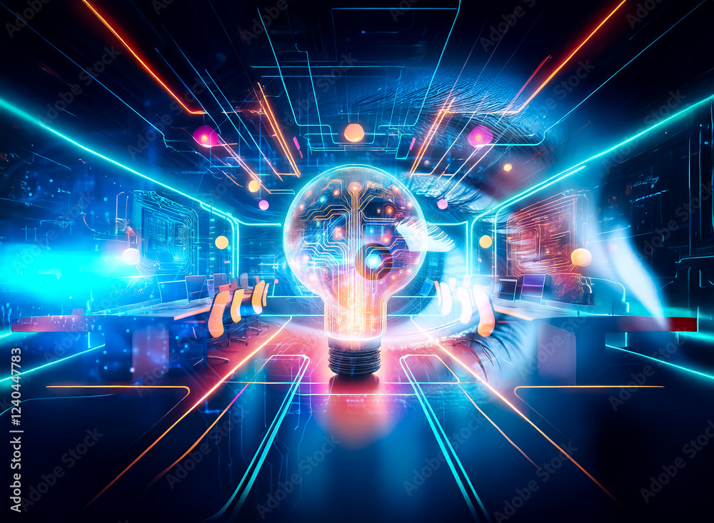 Leinwandbilder a double exposure image depicting a glowing lightbulb as a central concept, surrounded by swirling e