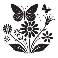 Elegant Silhouette of Flowers and Butterflies