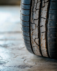 Obraz premium Close-up of a worn-out and cracked car tire on pavement.