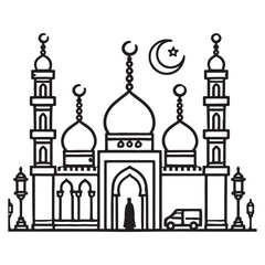 Modern Mosque Silhouette with Car and Person Illustration