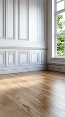 Fototapeta premium Spacious interior with a polished wooden floor and elegant walls, illuminated by natural light coming through large windows.