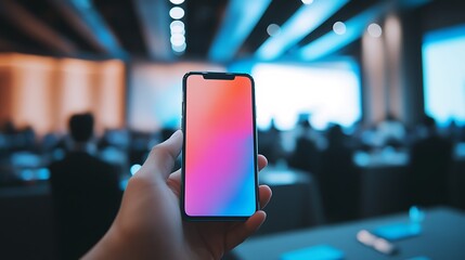 Phone up close; blurred people in conference for demo use