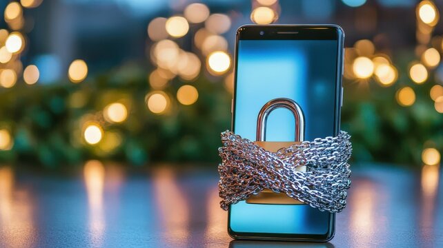 mobile payment security platform concept. Smartphone wrapped in chains with a padlock, symbolizing security and protection.