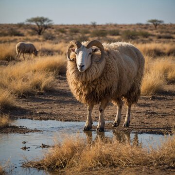 Awassi Sheep Resting Near a Waterhole. Sheep in the field. 