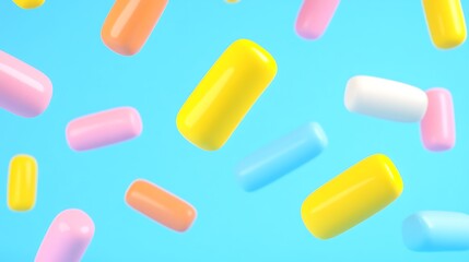 Colorful Capsules and Pills Floating Against a Light Blue Background in a Dynamic and Vibrant Composition