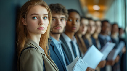 Fototapeta premium group of young business people standing in line against the wall, holding documents and looking sad and worried.
