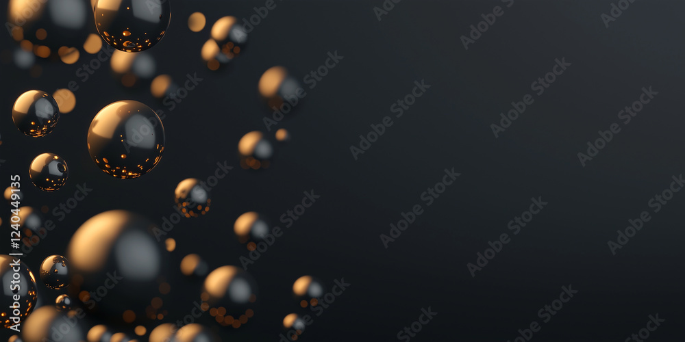 Poster Abstract minimal dark tone background with glowing golden spheres floating in space