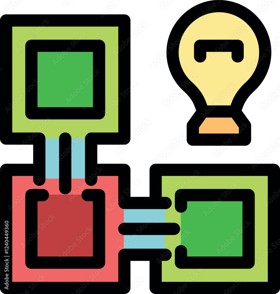 Poster algorithm connecting different blocks, generating innovative solutions, symbolized by a light bulb, 