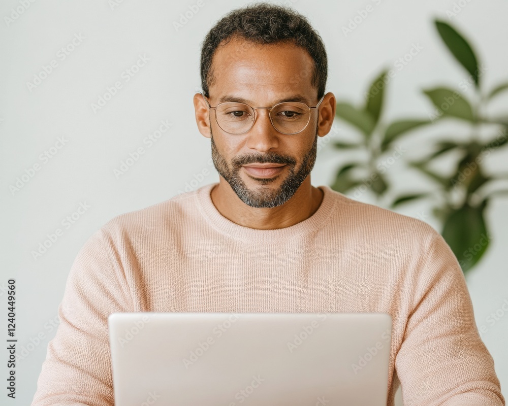 Poster Contemporary Minimalist Workspace Modern Man Engaged with Laptop in Calm Environment - Tech Integration and Productivity Design for Diverse Professional Environments