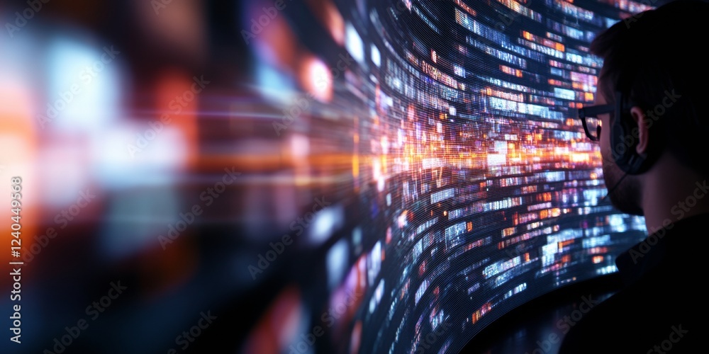 Aufkleber Futuristic Digital Workspace Immersive Hyper-Interface with Dynamic Graphics in Low-Light Office - Cutting-Edge Tech Innovation for Virtual Collaboration