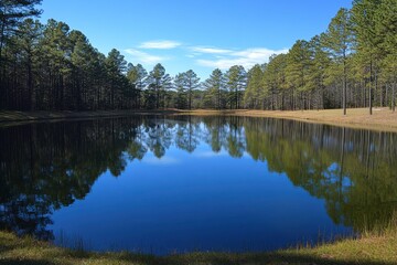 Obraz premium A serene lake surrounded by lush pine trees under a clear blue sky, reflecting the tranquility of nature.