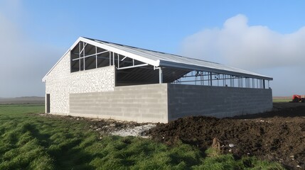 Obraz premium Modern Agricultural Building Construction Site under Blue Sky