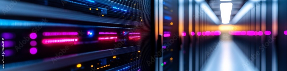 Poster Neon-Futuristic Server Corridor Advanced Networking Racks with LED Accents - Fintech Data Center for Digital Banking and Tech Innovation