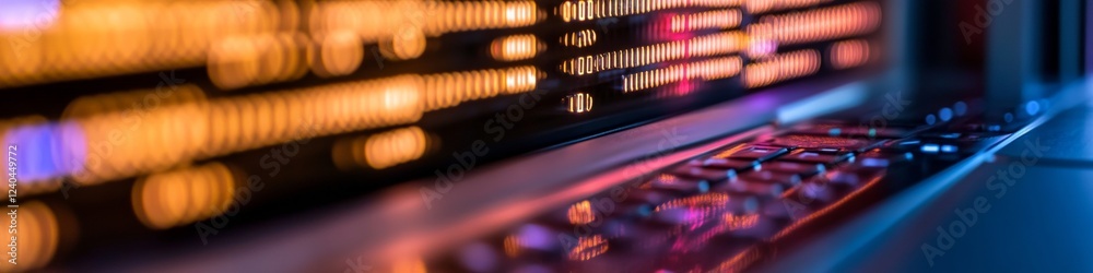 Poster Neon Futurism in Data Centers LED-Lit Server Racks and Digital Equipment in Networking Corridor - Financial Tech Infrastructure and Modern Data Management Solutions