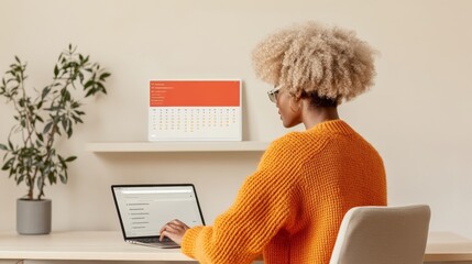 Minimalist Home Office Space Young Black Woman with Curly Hair Using Scheduling App on Laptop - Enhancing Remote Work with Digital Tools and Modern Design Elements