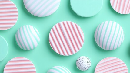 Colorful circular patterns on mint green background with playful stripes and dots for decor and design projects