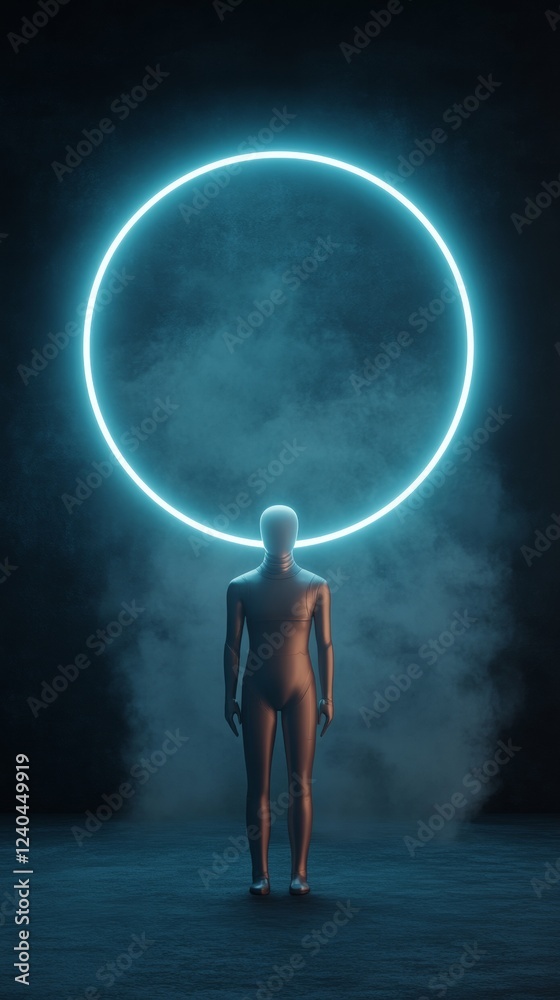 Poster futuristic illumination metallic humanoid with neon halo in mist - sci-fi digital art and architectu