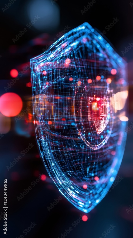 Aufkleber Holographic Cybersecurity Interface Shield Projections and Network Symbols on Sleek Surface for Digital Defense Strategy and Data Protection in Modern Tech Environment