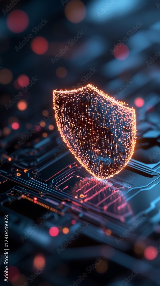 Leinwandbilder Holographic Shield Interface on Futuristic Circuitry - Cybersecurity and Digital Defense Visualization for Tech Industries, Enhancing System Integrity and Threat Monitoring