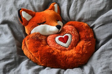A soft plush fox curled up with an embroidered heart on its chest, resting on a gray fabric.