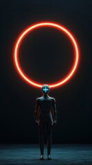 Obraz premium Neon Futurism in Digital Marketing Metallic Humanoid at Star Gate - Advanced Tech Art for Innovative Branding and Cultural Storytelling