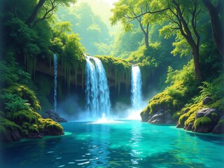 Fototapeta premium A mystical watercolor depiction of a hidden lagoon surrounded by lush jungle foliage, with turquoise waters shimmering under the sunlight, Small waterfalls trickle down moss-covered rocks