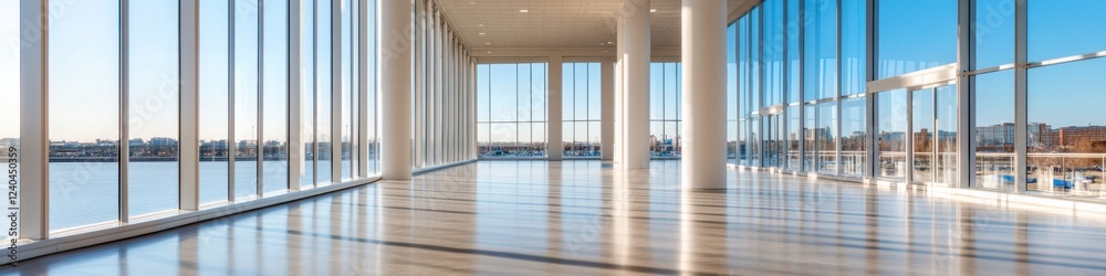 Poster sleek convention center registration digital displays and information kiosks in glass-walled venue -
